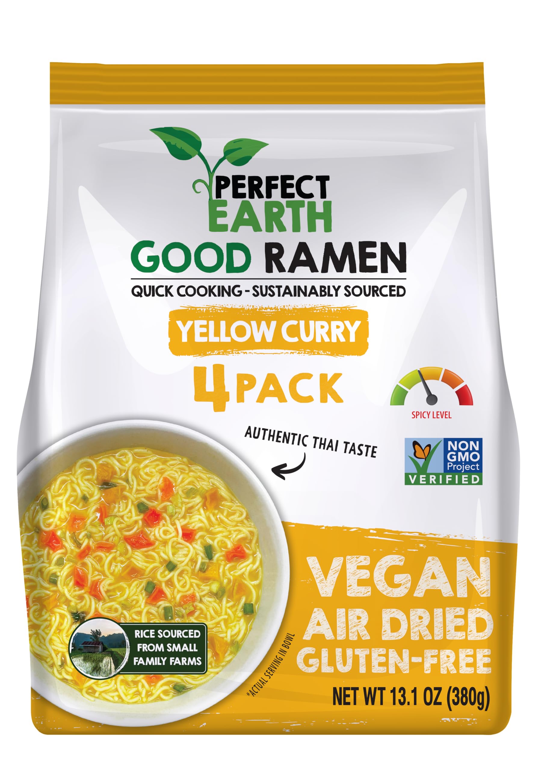 Perfect Earth Good Ramen Yellow Curry Noodles - Authentic Vibrant Thai Flavor, Medium Spice, Organic & Gluten-Free Instant Noodl