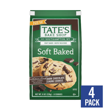 Tates Bake Shop Soft Baked Cookies, Dark Chocolate Chunk, 4 Bags, 8 oz Each, 10 x 15 x 8 inches