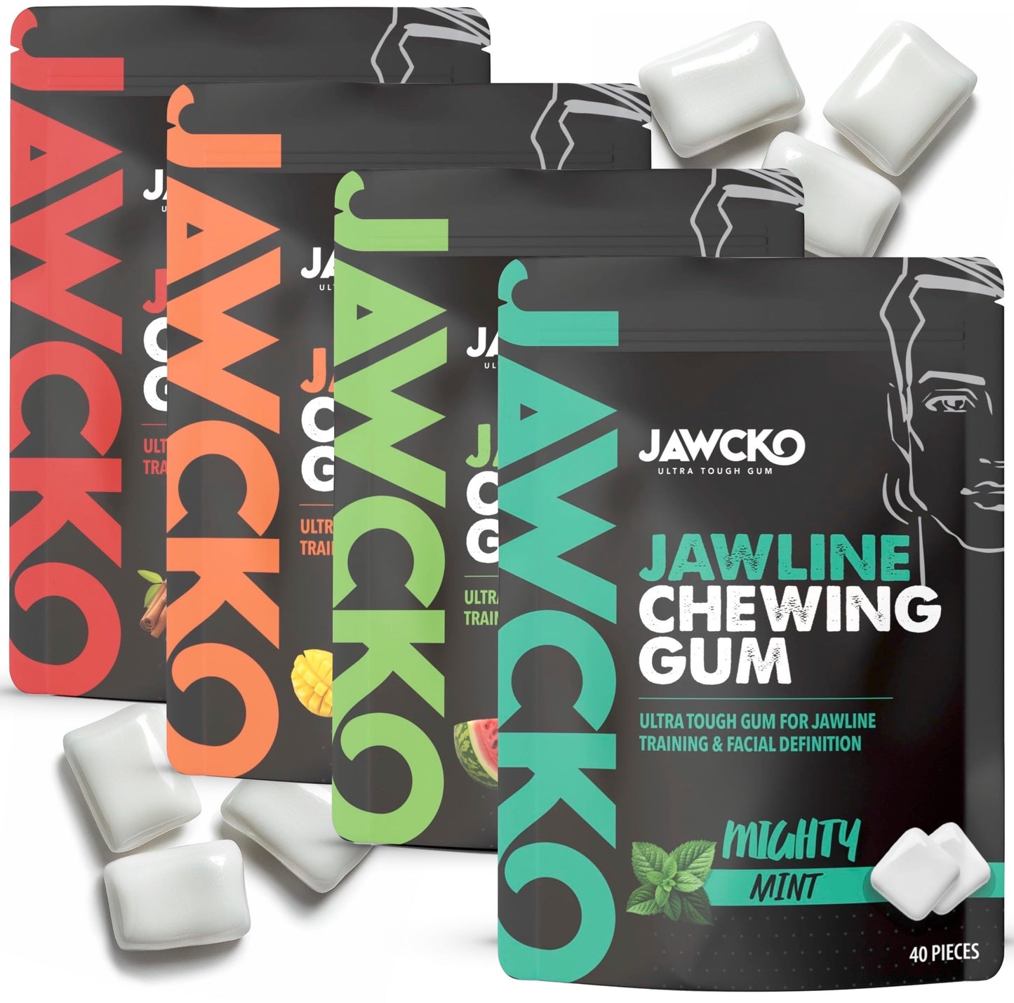JAWCKO Ultra-tough Jawline Chewing Gum Variety 4-Pack | Get a Stronger, Squarer Jawline | 15X Hardness | Jaw Training Hard Gum |
