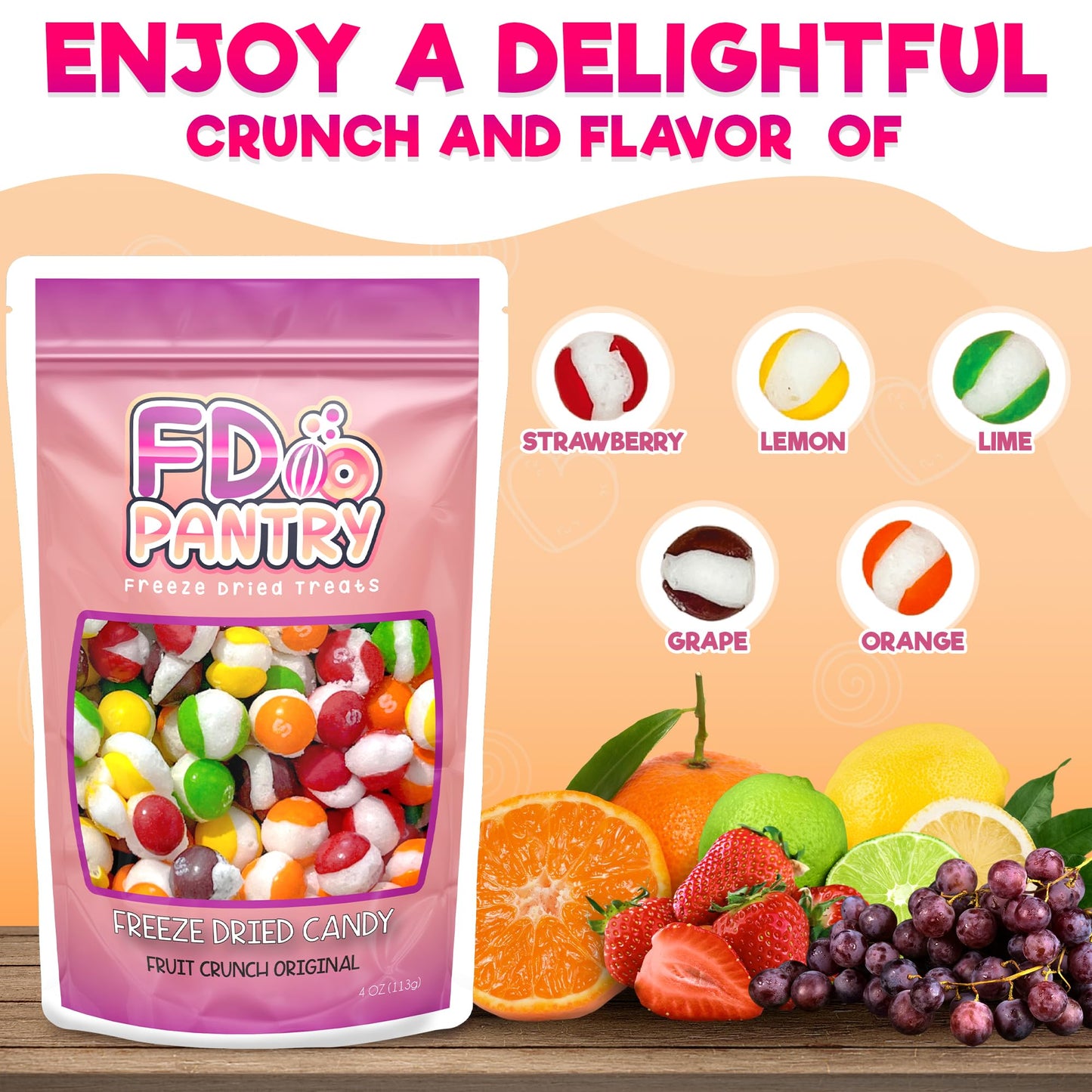 Freeze Dried Fruit Crunch Candy (Original, 4 Oz) Treat Gift Bag Strawberry, Green Apple, Grape, Lemon, Lime, And Orange