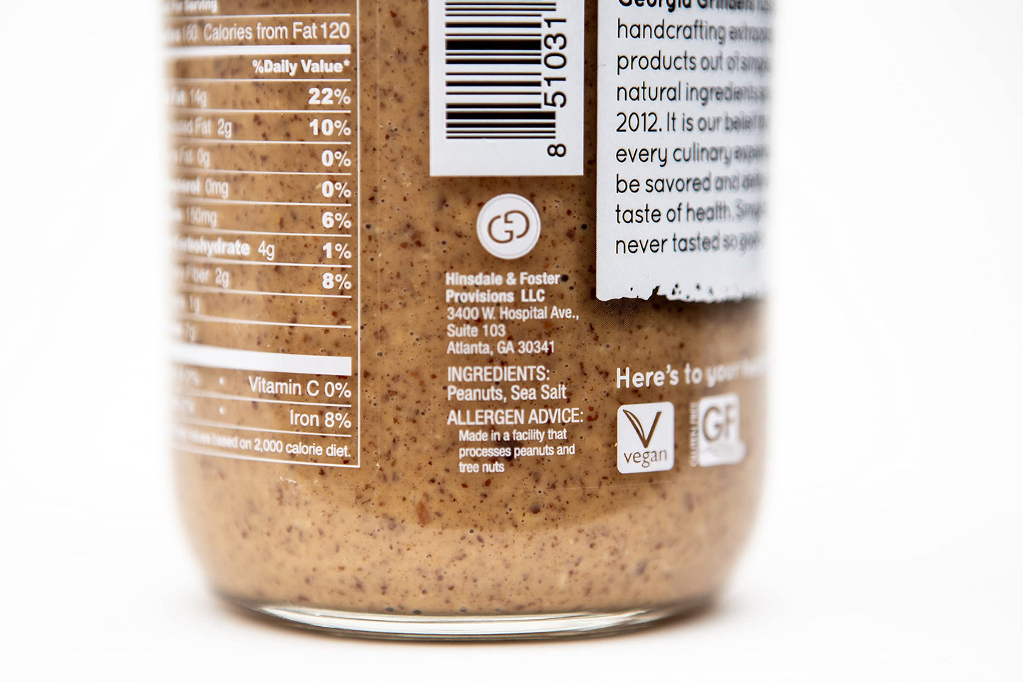 Georgia Grinders Crunchy Peanut Butter, No Sugar Added, Gluten-Free, Vegan, 12 Ounce