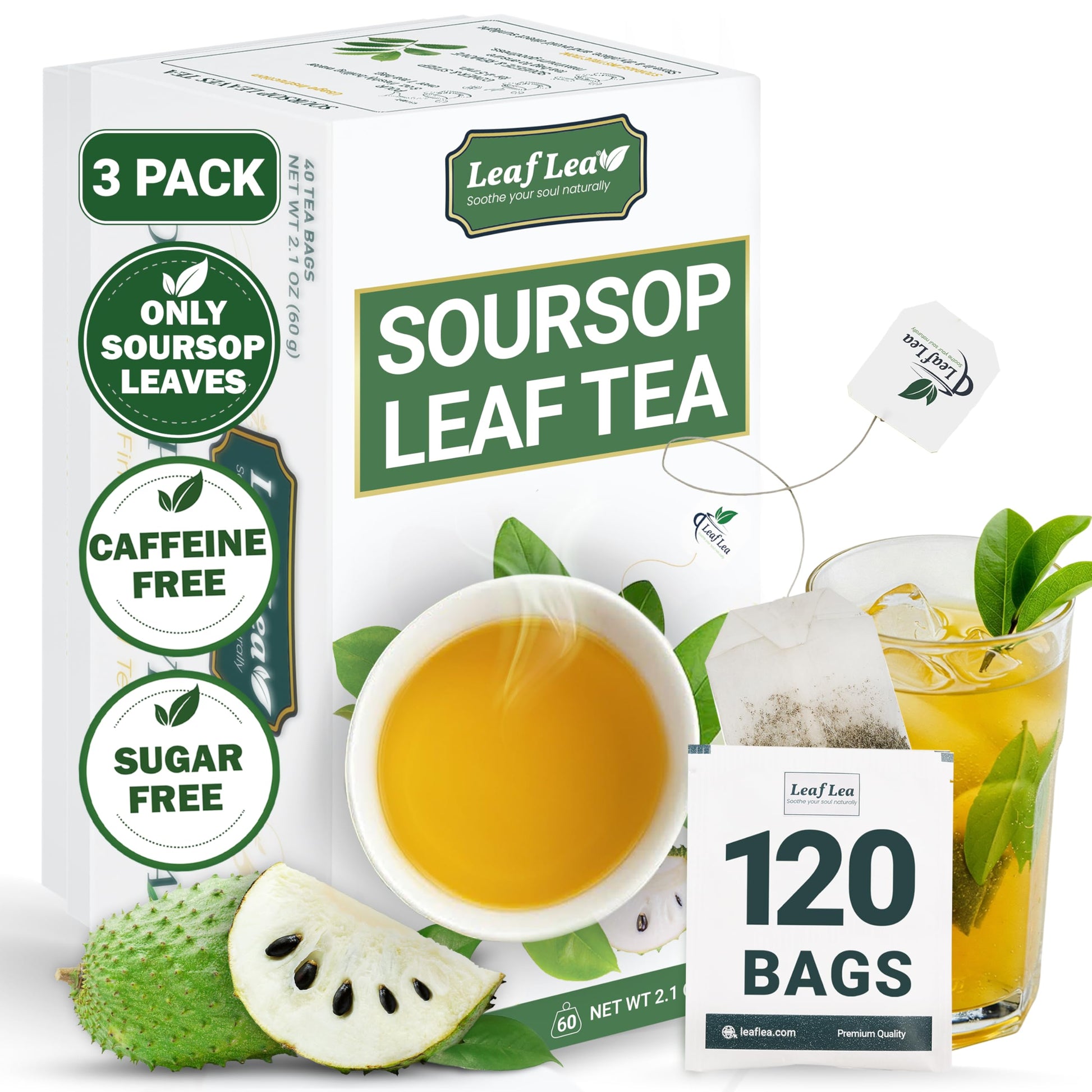 LeafLea Soursop Tea Bags - 100% Natural Graviola Leaves, Caffeine-free, Pack of 3 (120 Tea Bags)
