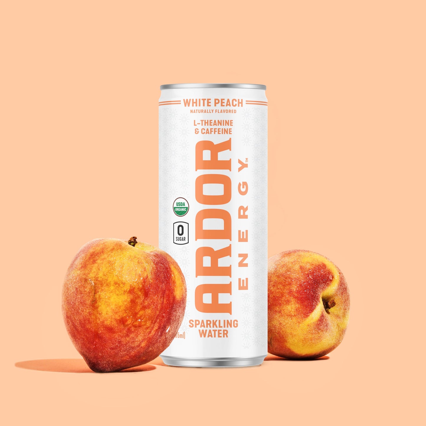 ARDOR ENERGY Sparkling Water, White Peach, 12 Fl Oz, 12 Pack, 100mg Organic Caffeine, No Sugar, Vegan, Gluten Free