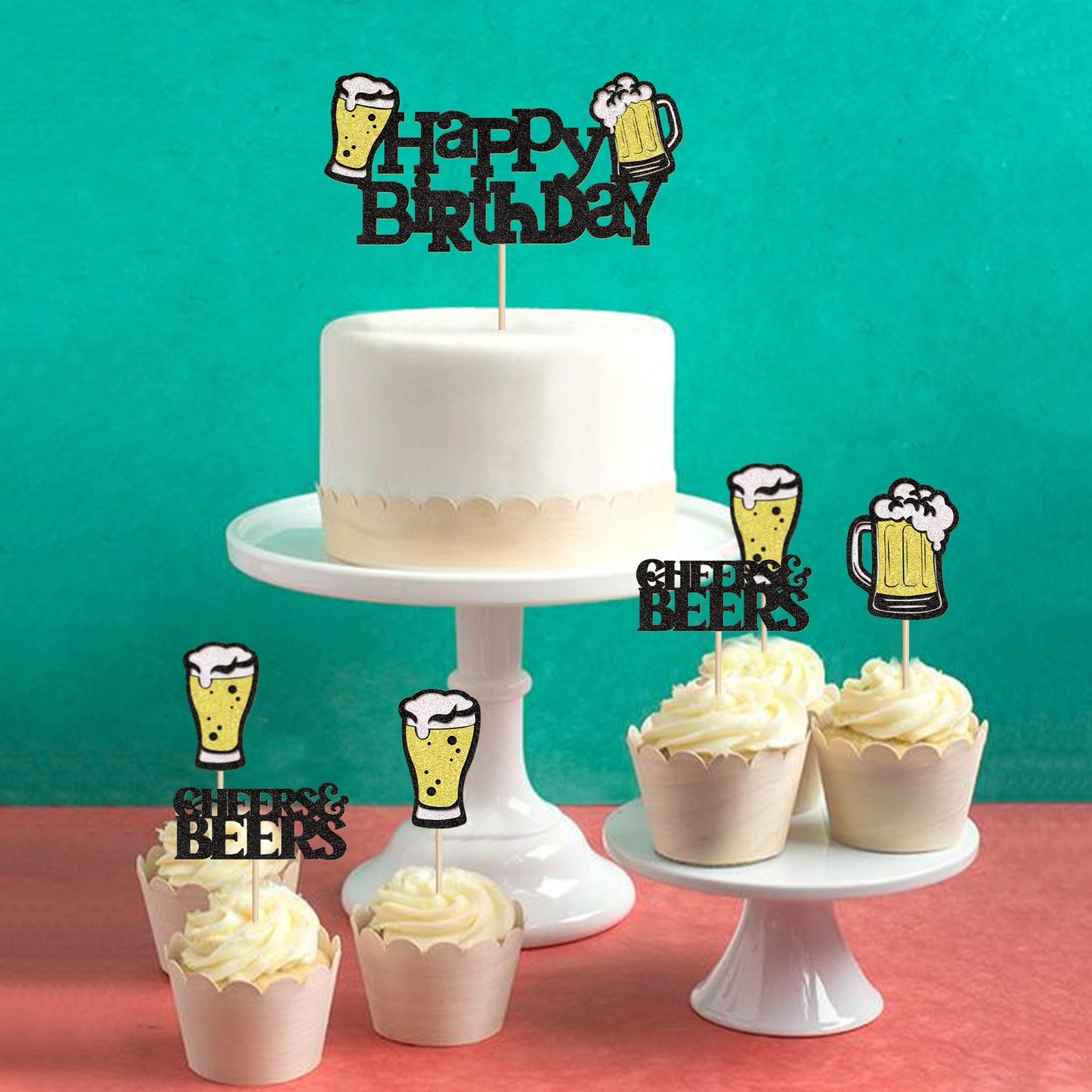 Ercadio malt-inspired Party Cupcake Toppers, 25 PCS, Happy Birthday Decor, Black-25