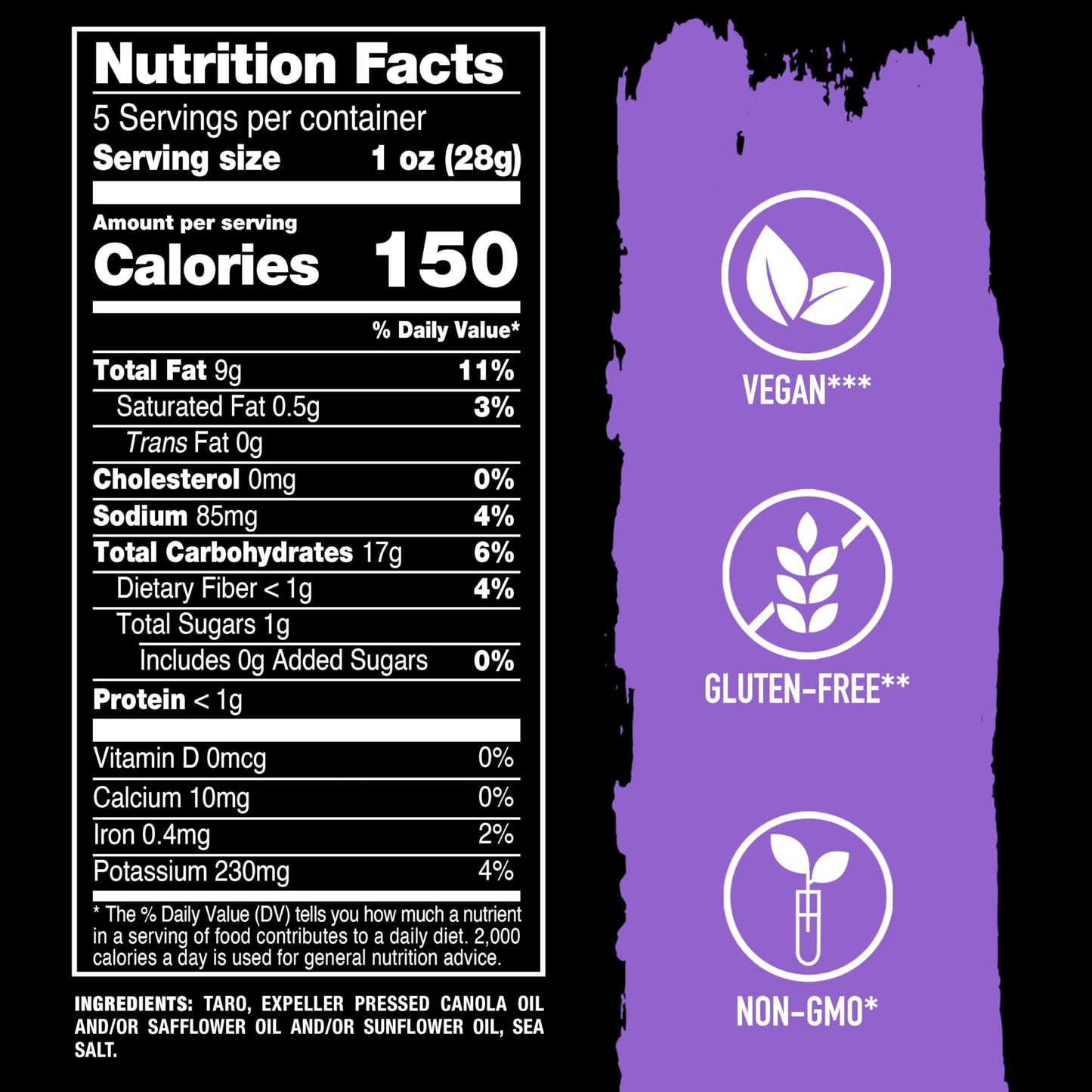 Terra Vegetable Chips, Taro Chips with Sea Salt, 5 Oz (Pack of 12), Black & Peach