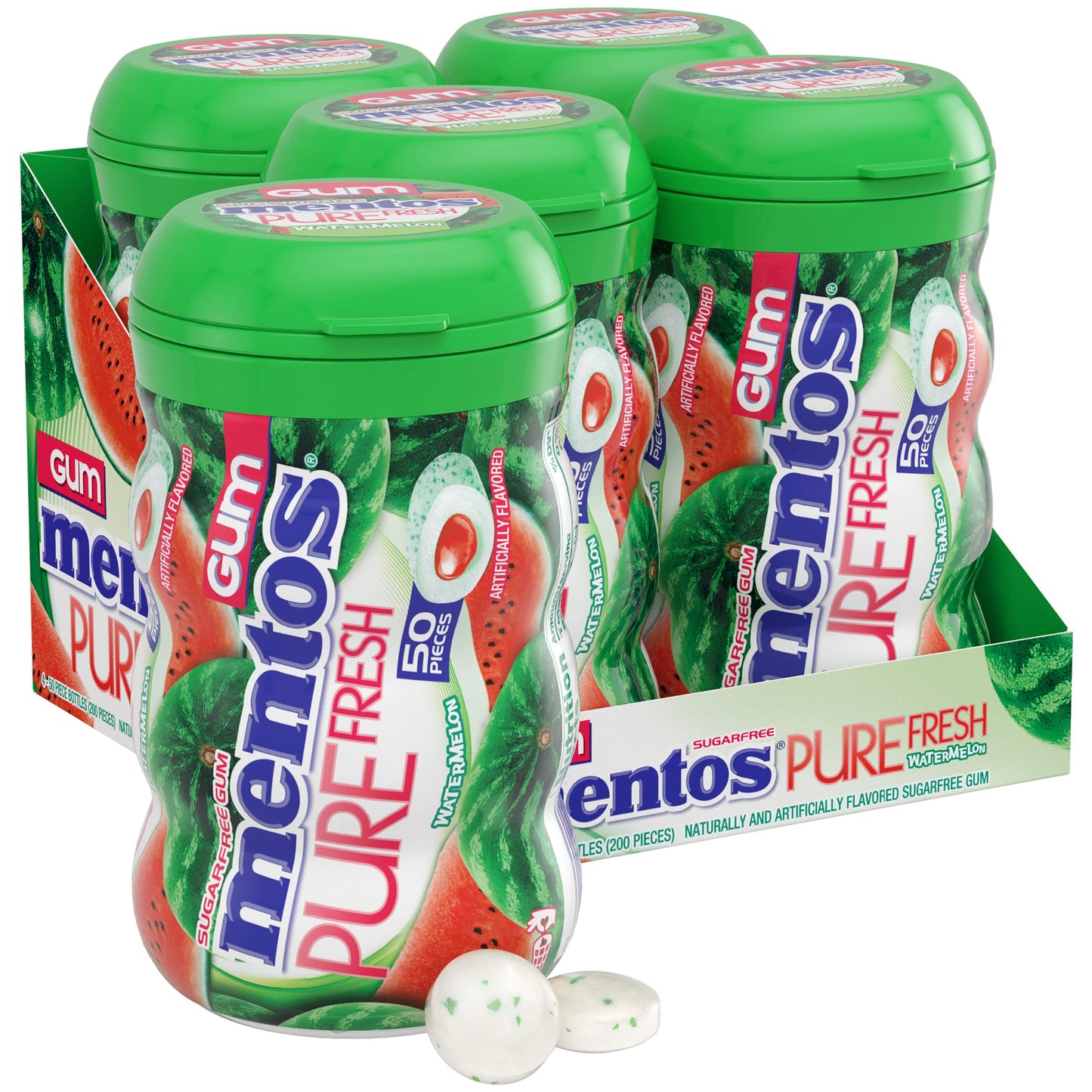 Mentos Pure Fresh Sugarfree Chewing Gum With Xylitol , Candy Bulk, Watermelon, 50Pc Bottle (Pack Of 4)