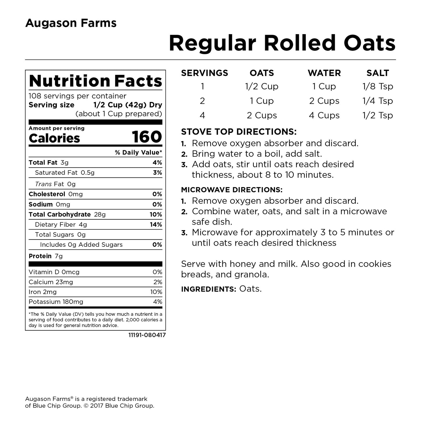 Augason Farms Regular Rolled Oats Emergency Food Storage 10 Pound Pail