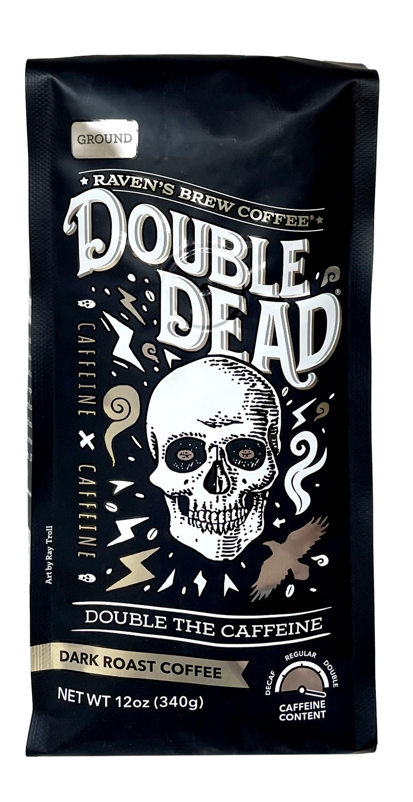 Raven’s Brew Coffee Double Dead Dark Roast Ground Coffee, High Caffeine, 12 oz