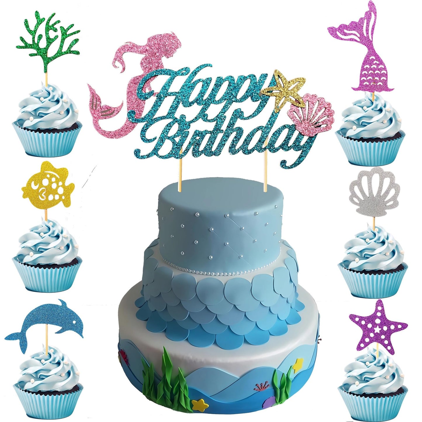 Mermaid Birthday Cake Toppers Set - Sparkling Ocean Theme Decor With Happy Birthday Topper And 12 Colorful Mermaid Cupcake Picks