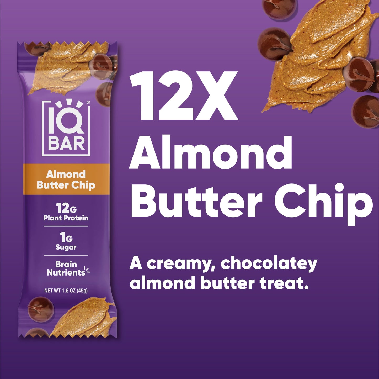 IQBAR Brain and Body Plant Protein Bars - Almond Butter Chip - 12 Count, Low Carb, High Fiber, Gluten Free, Vegan Snacks - Low S