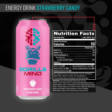 Gorilla Mind Energy Drink 12-Pack | Strawberry Candy | 200mg Caffeine, N-Acetyl-L-Tyrosine, Alpha-GPC, 0 Sugar