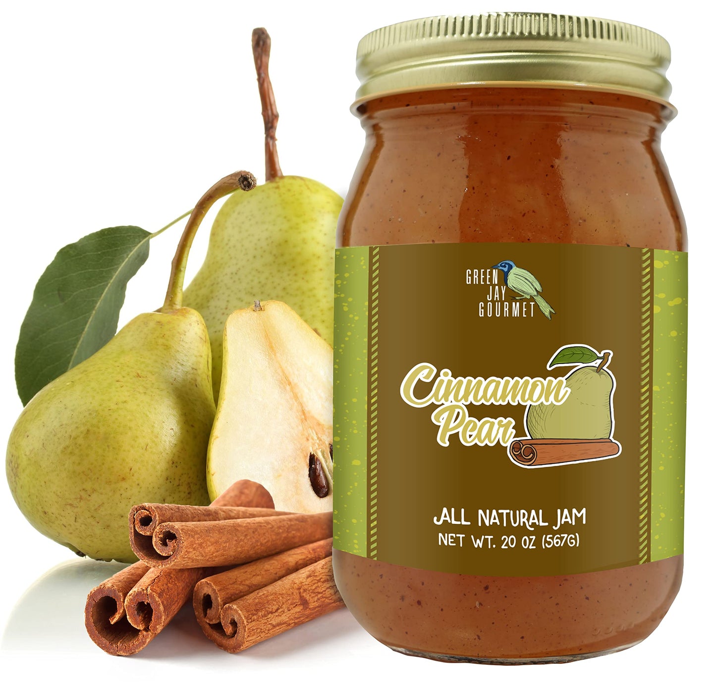 Green Jay Gourmet Cinnamon Pear Jam - All-Natural, Vegan, Gluten-Free - 20 Ounces