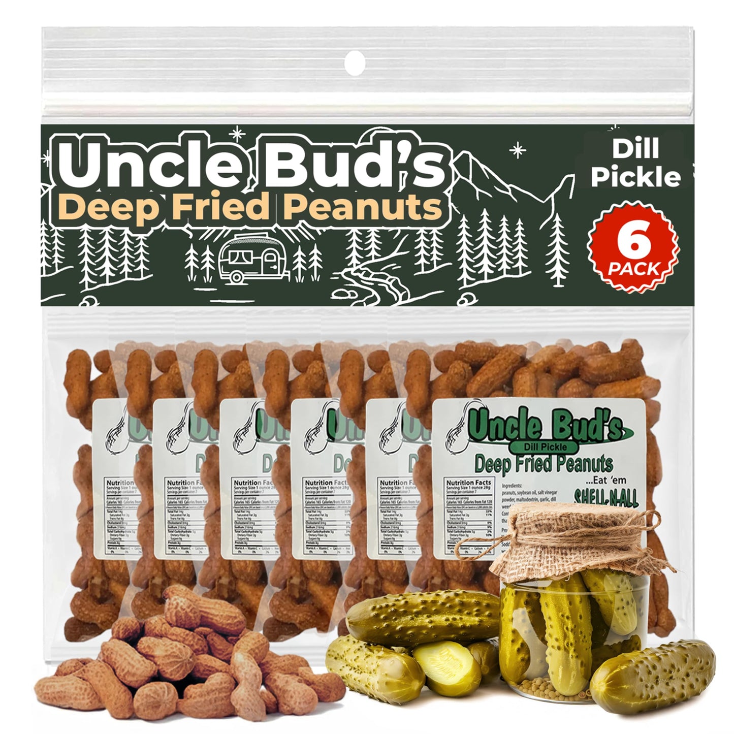 Jerky-n-Spice Uncle Buds Dill Pickle Deep Fried Peanuts - 6-Pack, High-Protein Snack, Salted, Made in the USA, 7x7x7 inches