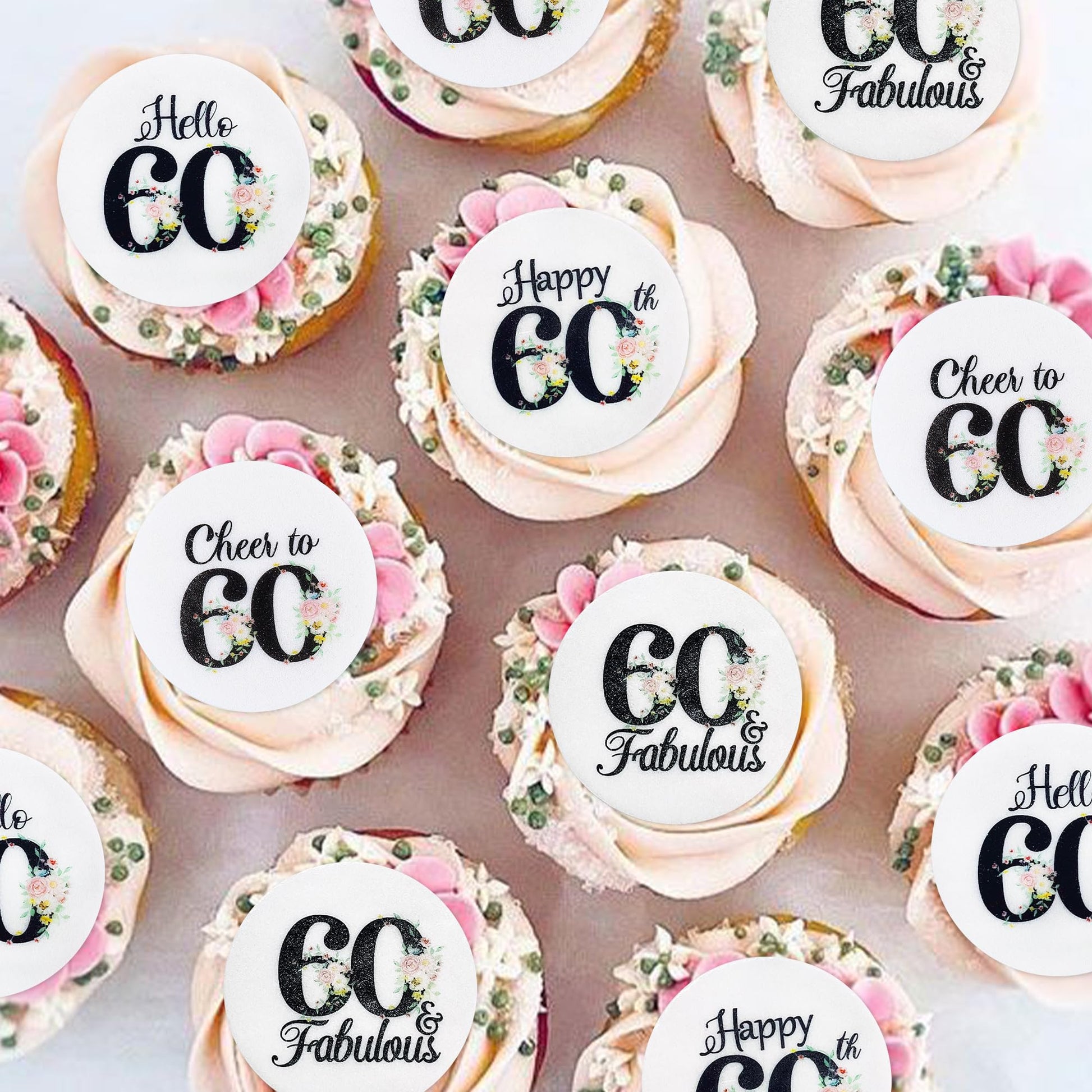 40 Pack Edible 60Th Birthday Cupcake Toppers Edible Glutinous Rice Paper Hello Sixty Happy 60Th Fabulous Drink Toppers Women Men Party Anniversary Party Decorations Supplies