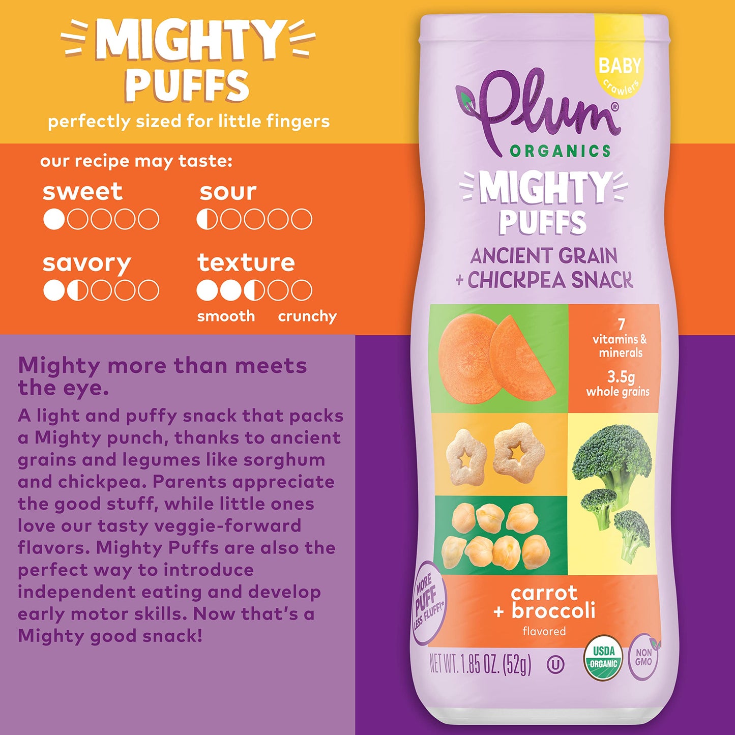 Plum Organics Mighty Puffs Organic Baby Food - Carrot And Broccoli - 1.85 Oz Canister (Pack Of 6) - Ancient Grains And Chickpea