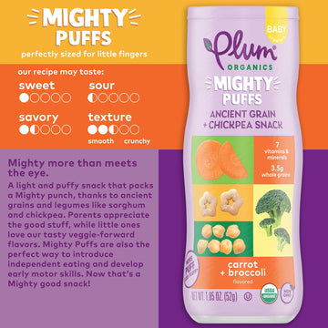 Plum Organics Mighty Puffs Organic Baby Food - Carrot And Broccoli - 1.85 Oz Canister (Pack Of 6) - Ancient Grains And Chickpea