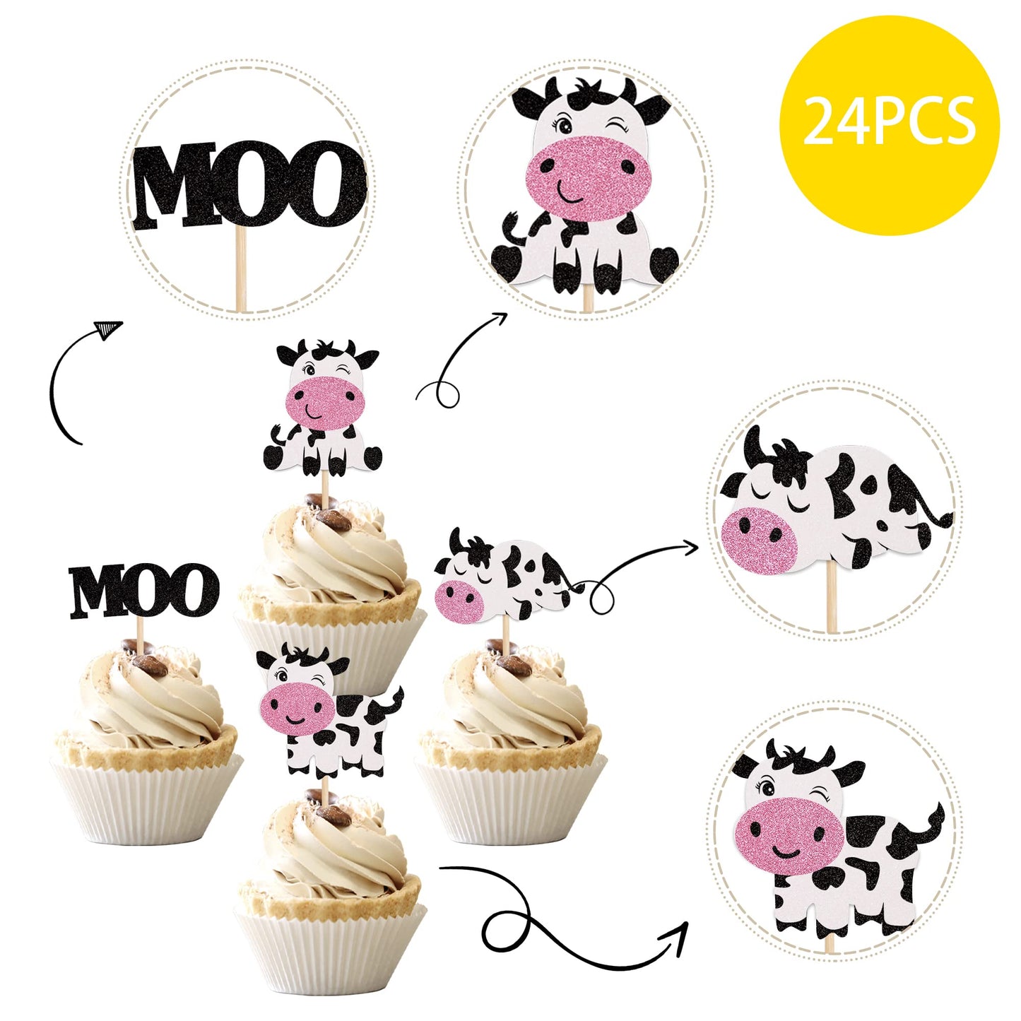 24 Pcs Cow Cupcake Toppers Glitter Farm Animals Moo Cupcake Picks Cow Theme Baby Shower Kids Birthday Party Cake Decorations Sup