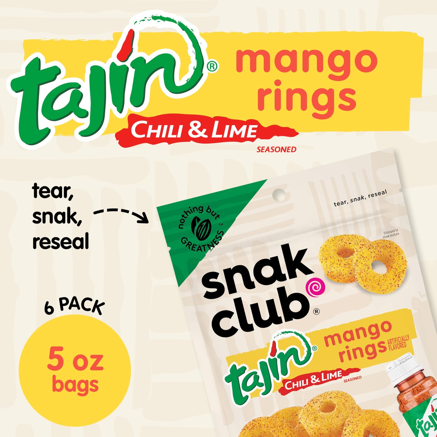 Snak Club Gummy Candy Rings with Chili and Lime, Gluten-Free, Vegan, 5 oz (Pack of 6), Green and Pink