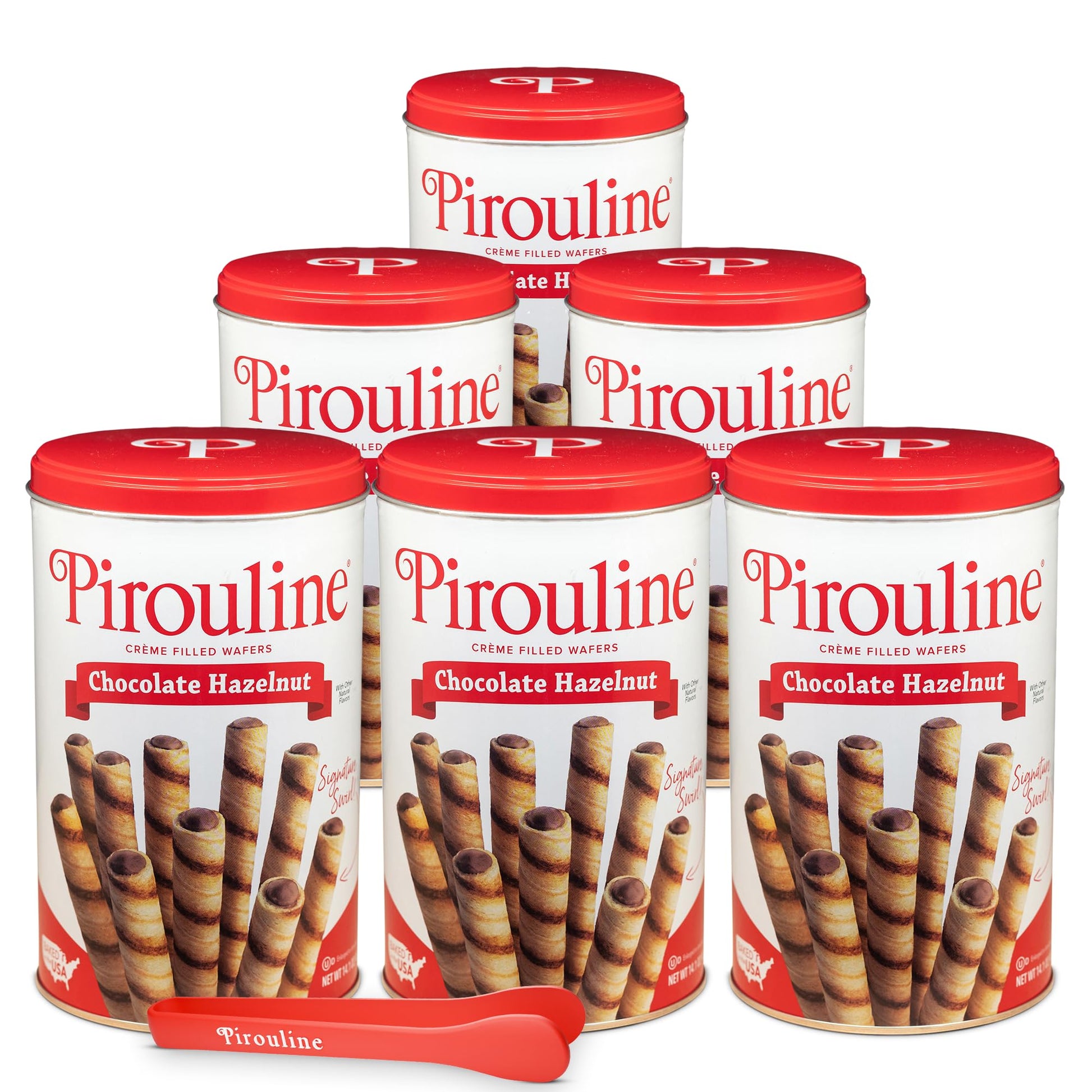 Pirouline Rolled Wafers – Chocolate Hazelnut – Rolled Wafer Sticks Bundled With Serving Tongs, Crème Filled Wafers For Coffee, Tea, Ice Cream, Snacks, Parties, Gifts, And More – 14Oz Tin 6Pk