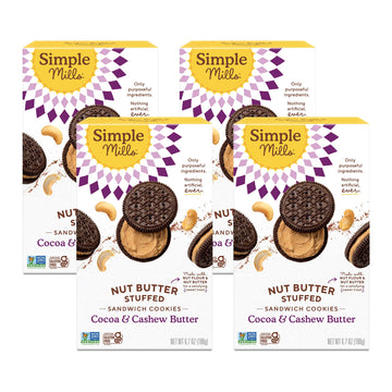 Simple Mills Cocoa & Cashew Butter Sandwich Cookies - Gluten Free, Vegan, Healthy Snacks, 6.7 Oz (Pack Of 4)