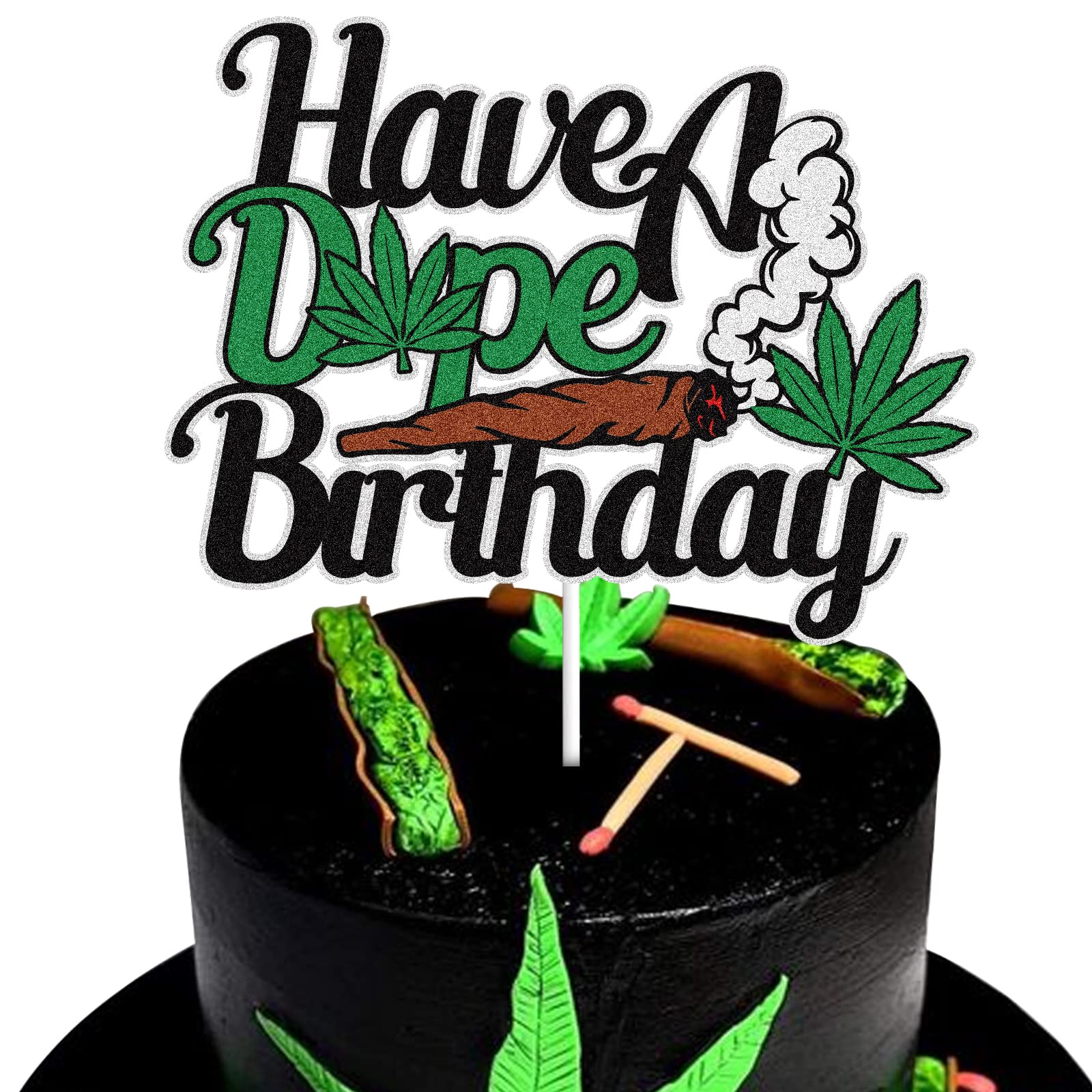 LINGBOOM Birthday Cake Topper Green Glitter Pot Leaf Decoration 9.8x15 cm Paperboard Happy Birthday