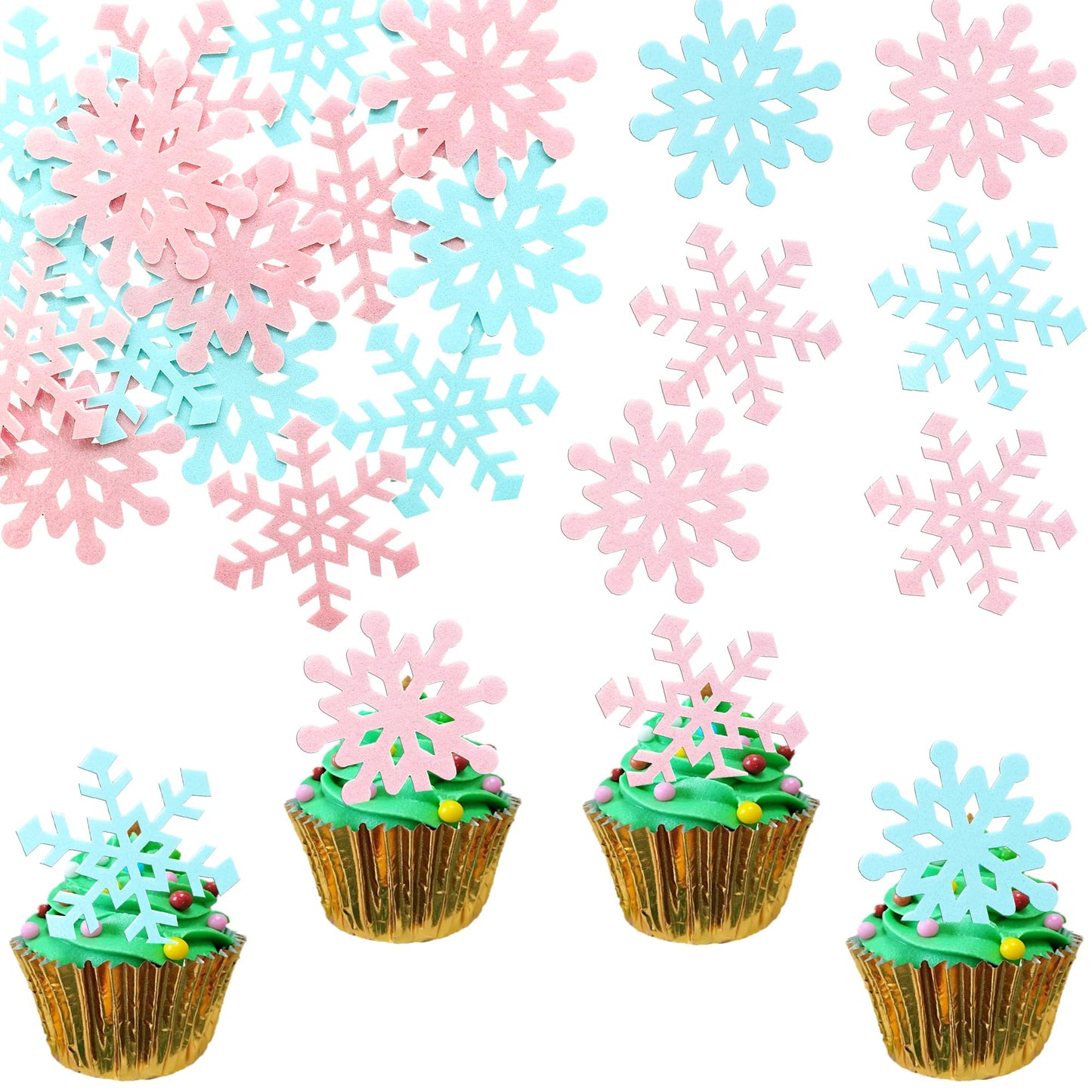 Gyufise 60Pcs Edible Snowflakes Cupcake Toppers - Snowflake Cake Decorations Wafer Paper Sprinkles For Christmas Winter Holiday Theme Party Supplies Blue Pink