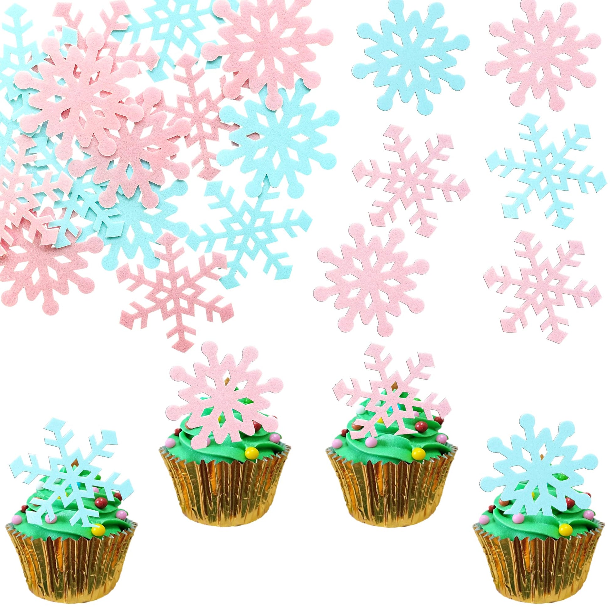 Gyufise 60Pcs Edible Snowflakes Cupcake Toppers - Snowflake Cake Decorations Wafer Paper Sprinkles For Christmas Winter Holiday Theme Party Supplies Blue Pink