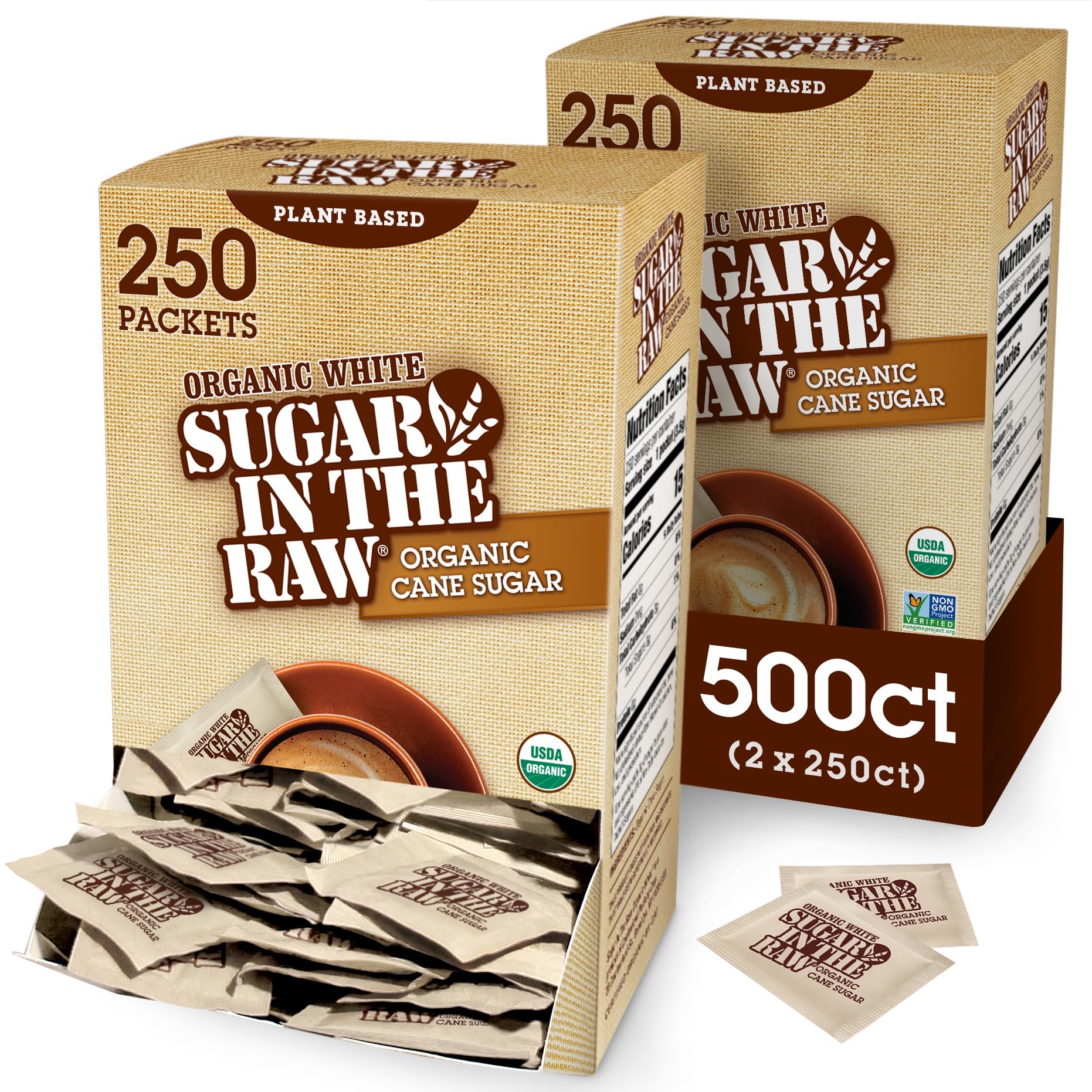 Sugar In The Raw Organic Granulated White enhanced Cane Sugar  No Added Flavors or erythritol  Pure Natural Sweetener  Hot & Cold Drinks  Coffee  Tea  Vegan  Gluten-Free  Non-GMO  Bulk Sugar  250 ct packets (2-Pack)