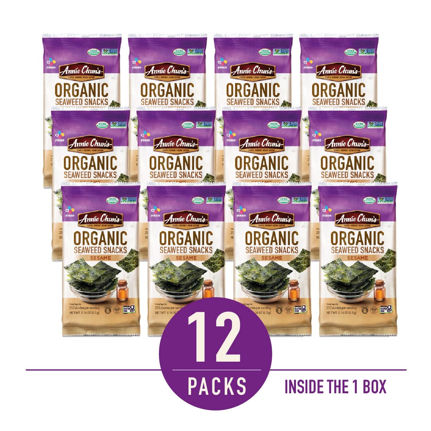Annie Chun'S Organic Seaweed Snacks, Sesame, Usda Certified Organic, Vegan, Gluten Free & Non-Gmo, 0.16 Oz (Pack Of 12)