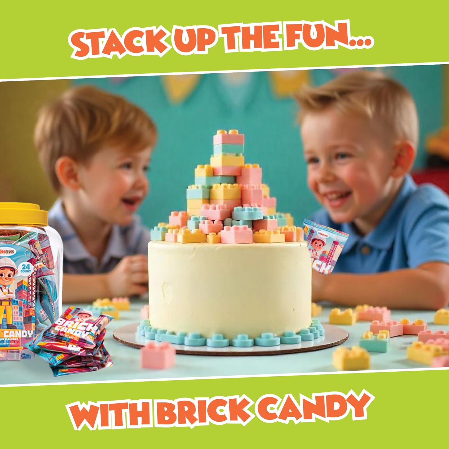 Candy Bricks, 24 Individual Party Favor Bags Of Tutti Frutti Flavored Candy Blocks For Construction Themed Fun, Brick Shaped Can
