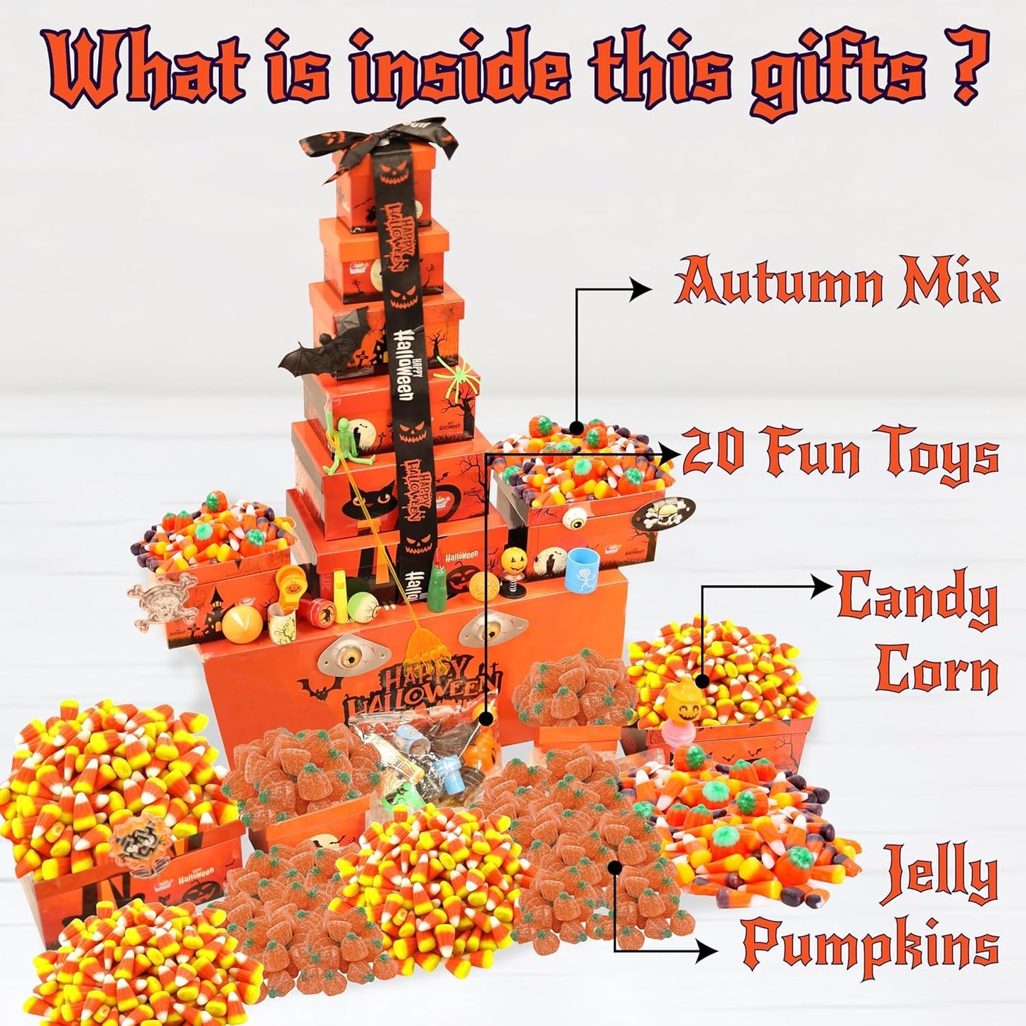 Sarahs Candy Factory Halloween Tower Box With Ribbon – 6 Tier Gift Box With Candy Corn, Autumn Mix, Indian Candy Corn, Jelly Pumpkins And 20 Fun Toys, Individually Wrapped Treat Packs