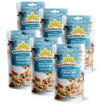 Sunshine Nut Co. Whole Roasted Cashews, Perfectly Plain Flavor, No Added Salt, 6 Pack, 7 Oz. Each, Gluten Free, Peanut Free And Vegan Individual Snack Packs For Kids And Adults, Gmo Free