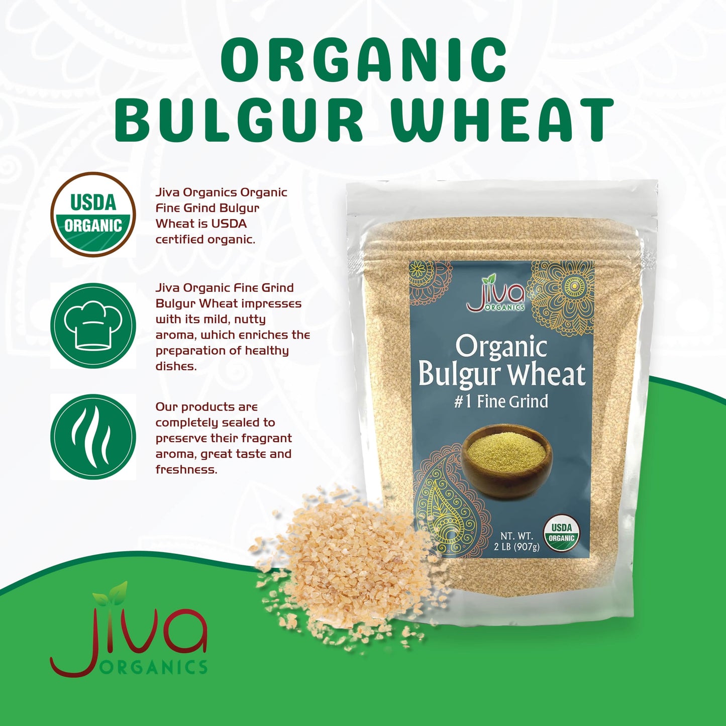 Jiva Organic Bulgur Wheat Fine #1 2 Lb - Non-Gmo, Grown In Usa, 100% Natural Wheat Berries, Resealable Bag