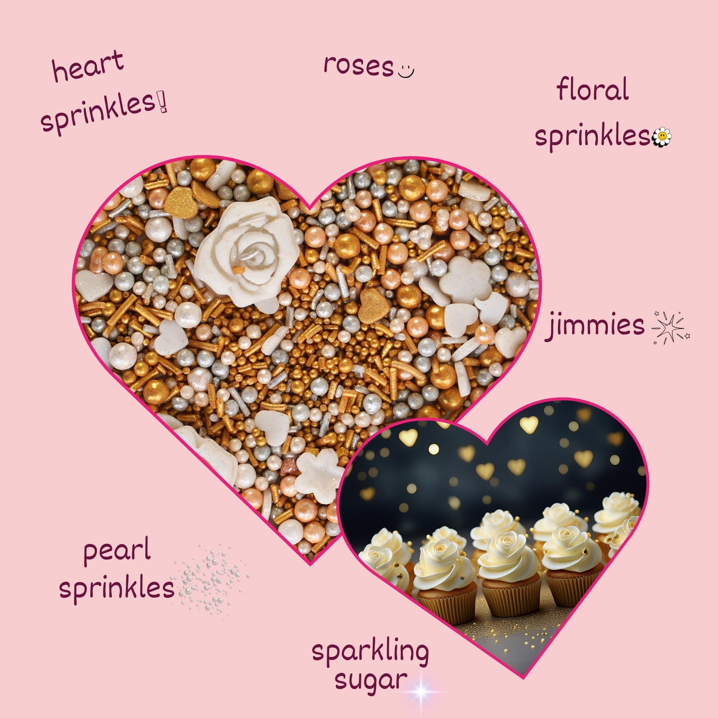 Confect Edible Cake Decorations - White Rose Flowers with Gold & Silver Sprinkles Mix, Vegan, Gluten-Free, 4.2 Oz