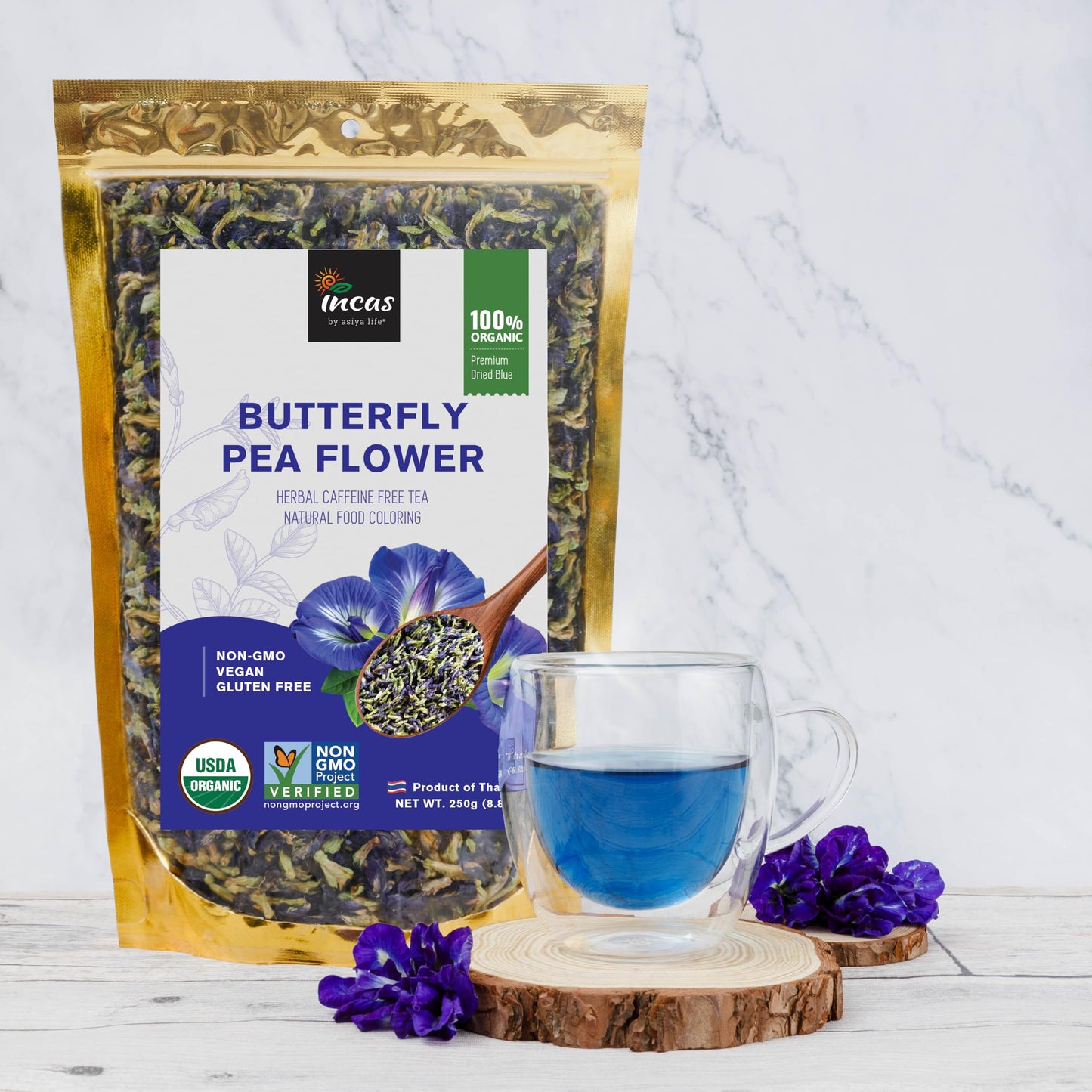 Incas by Asiya Life Butterfly Pea Flower 8.82 oz Non-GMO Vegan Gluten-Free Antioxidant-Rich Dried Tea
