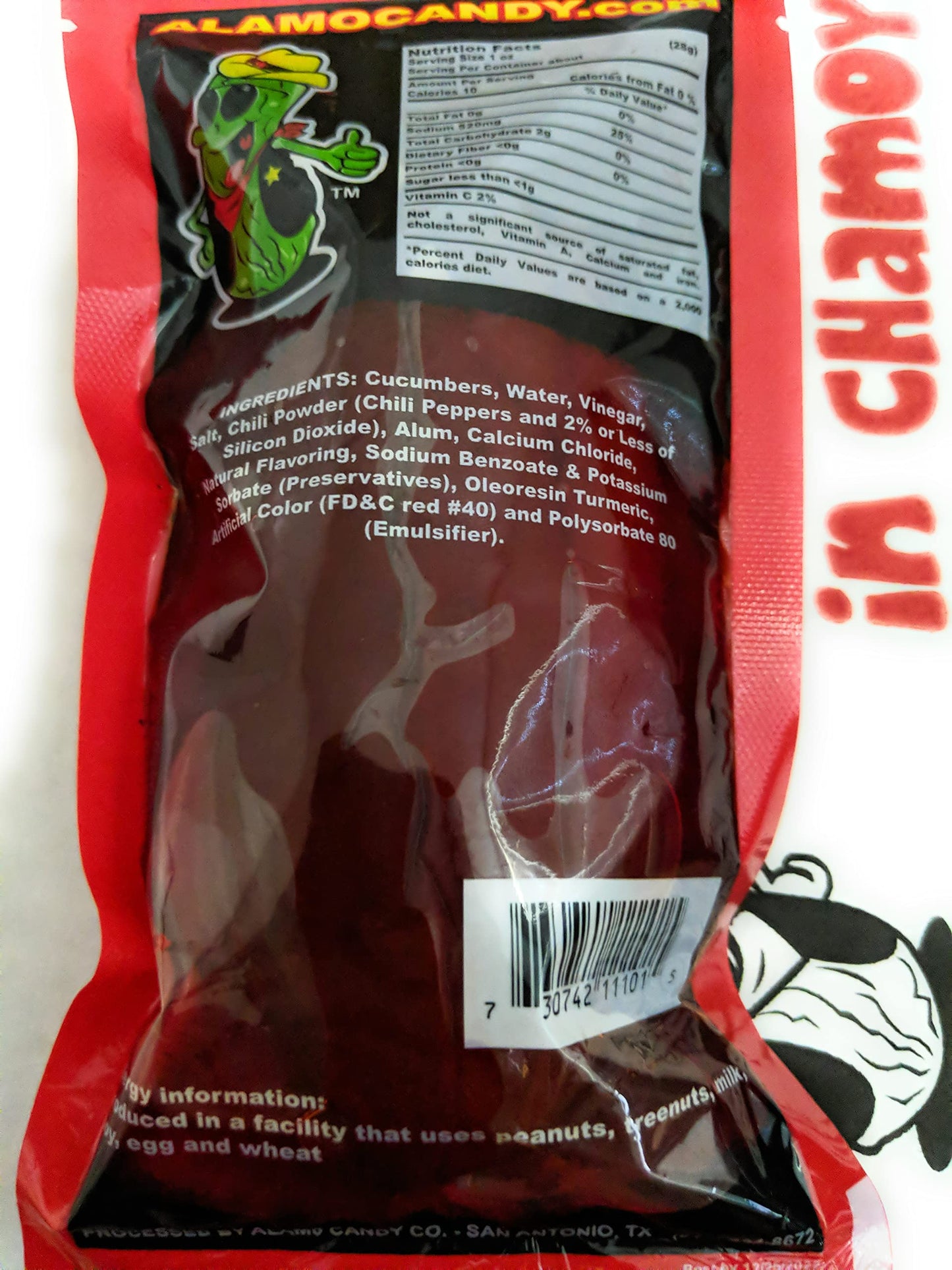 Alamo Candy Mini Tex Dill Pickle In Chamoy - Three Pickles & One NG Joy Sticker - Individually Wrapped - Made In San Antonio, Te