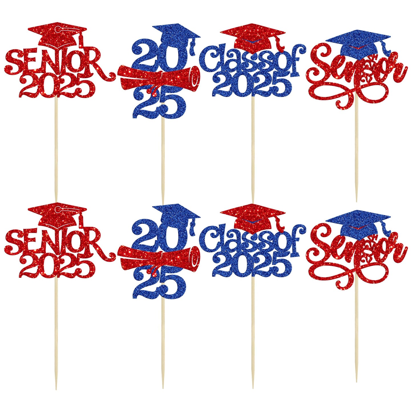 Gyufise Graduation Cupcake Toppers, 24 Pcs, Glitter Design, Class of 2025, Paper, Blue Red