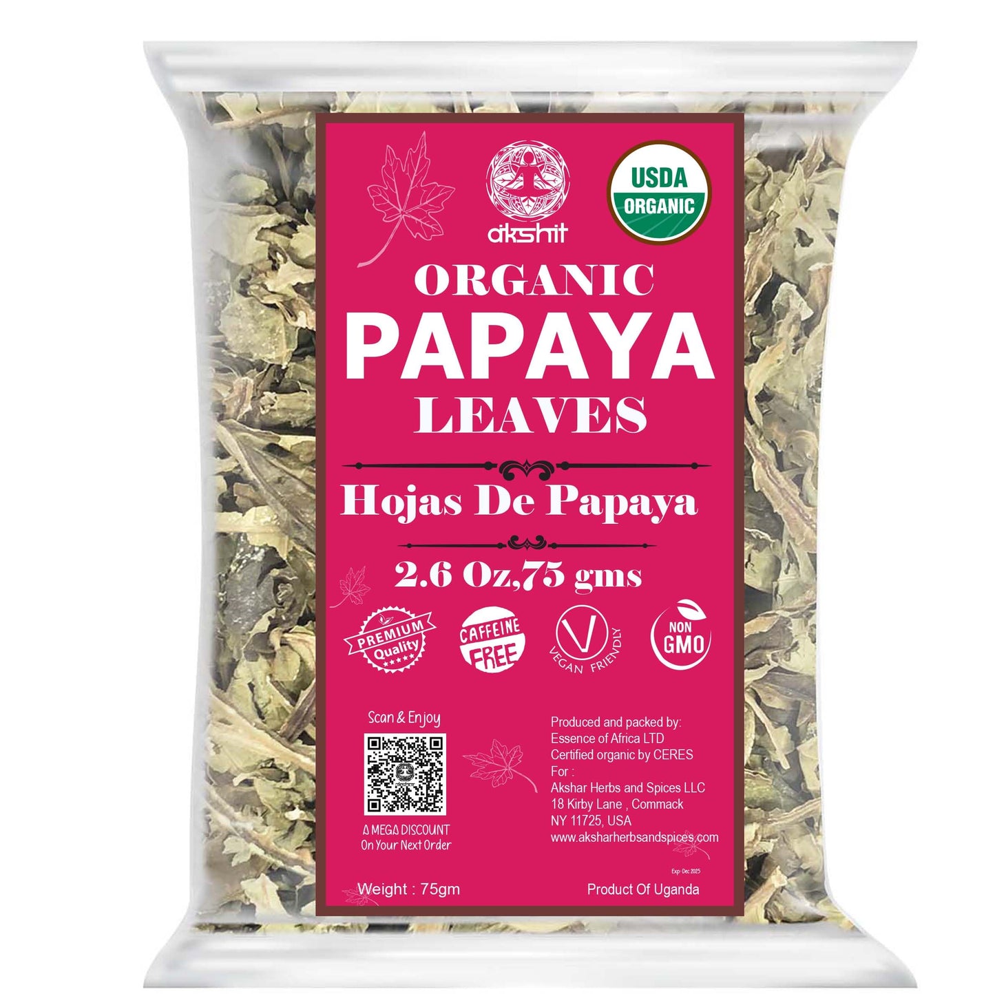Akshit Organic Papaya Leaves, Dried Green Papaya Leaf, Non-GMO, Caffeine Free, 2.6oz, Pack of 1