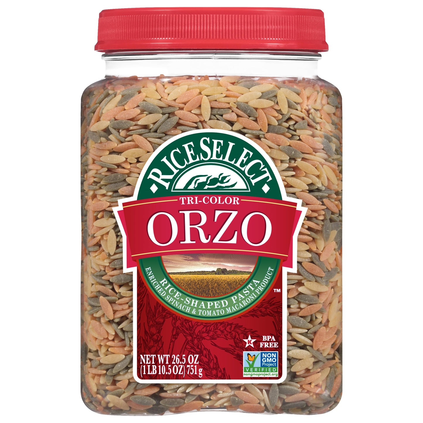 RiceSelect Tri-Color Orzo Rice-Shaped Pasta  enhanced Spinach- and Tomato-Flavored Non-GMO Orzo Pasta  26.5-Ounce Jar