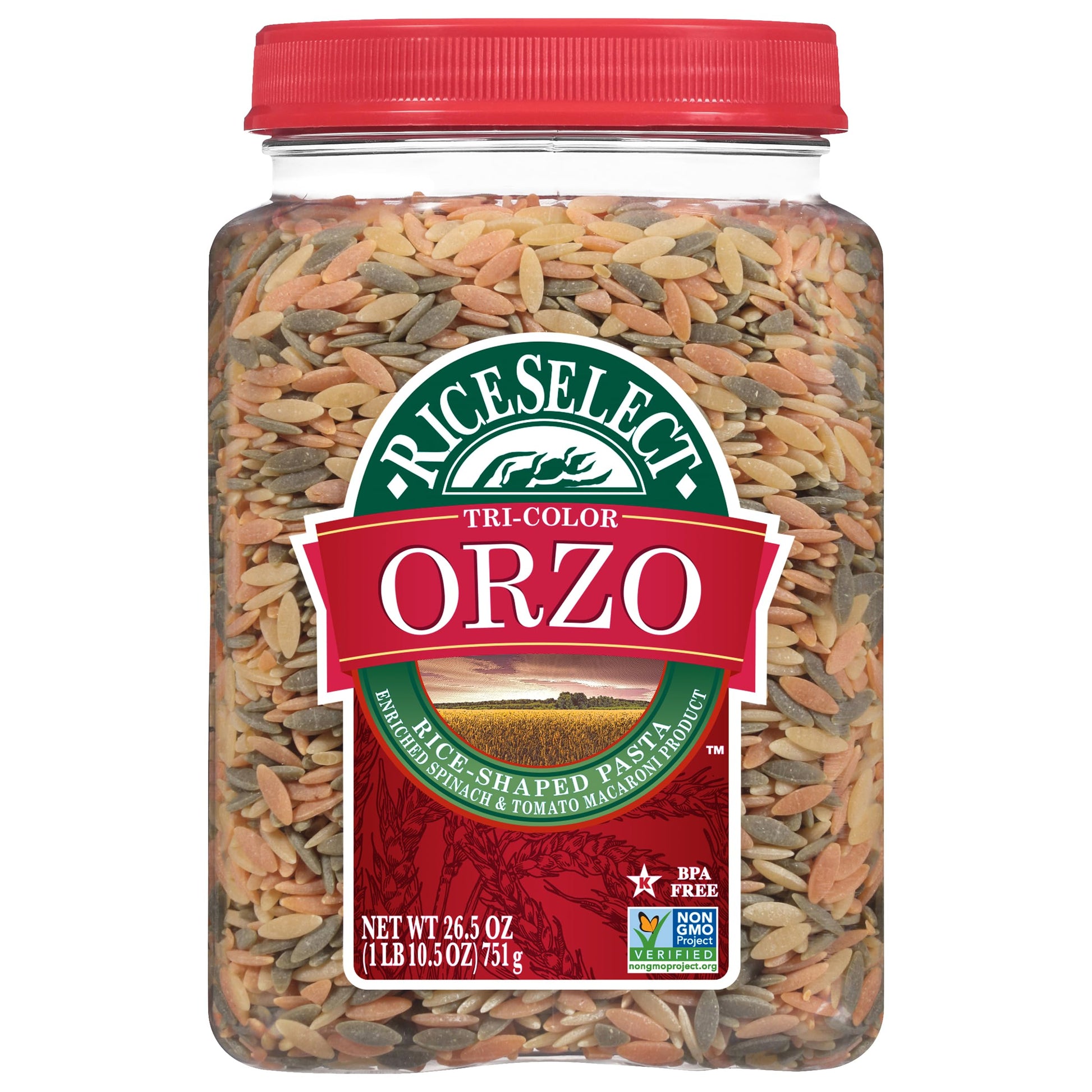 RiceSelect Tri-Color Orzo Rice-Shaped Pasta  enhanced Spinach- and Tomato-Flavored Non-GMO Orzo Pasta  26.5-Ounce Jar
