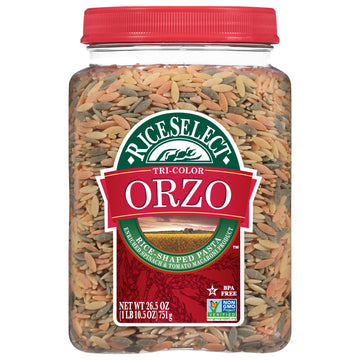 RiceSelect Tri-Color Orzo Rice-Shaped Pasta  enhanced Spinach- and Tomato-Flavored Non-GMO Orzo Pasta  26.5-Ounce Jar