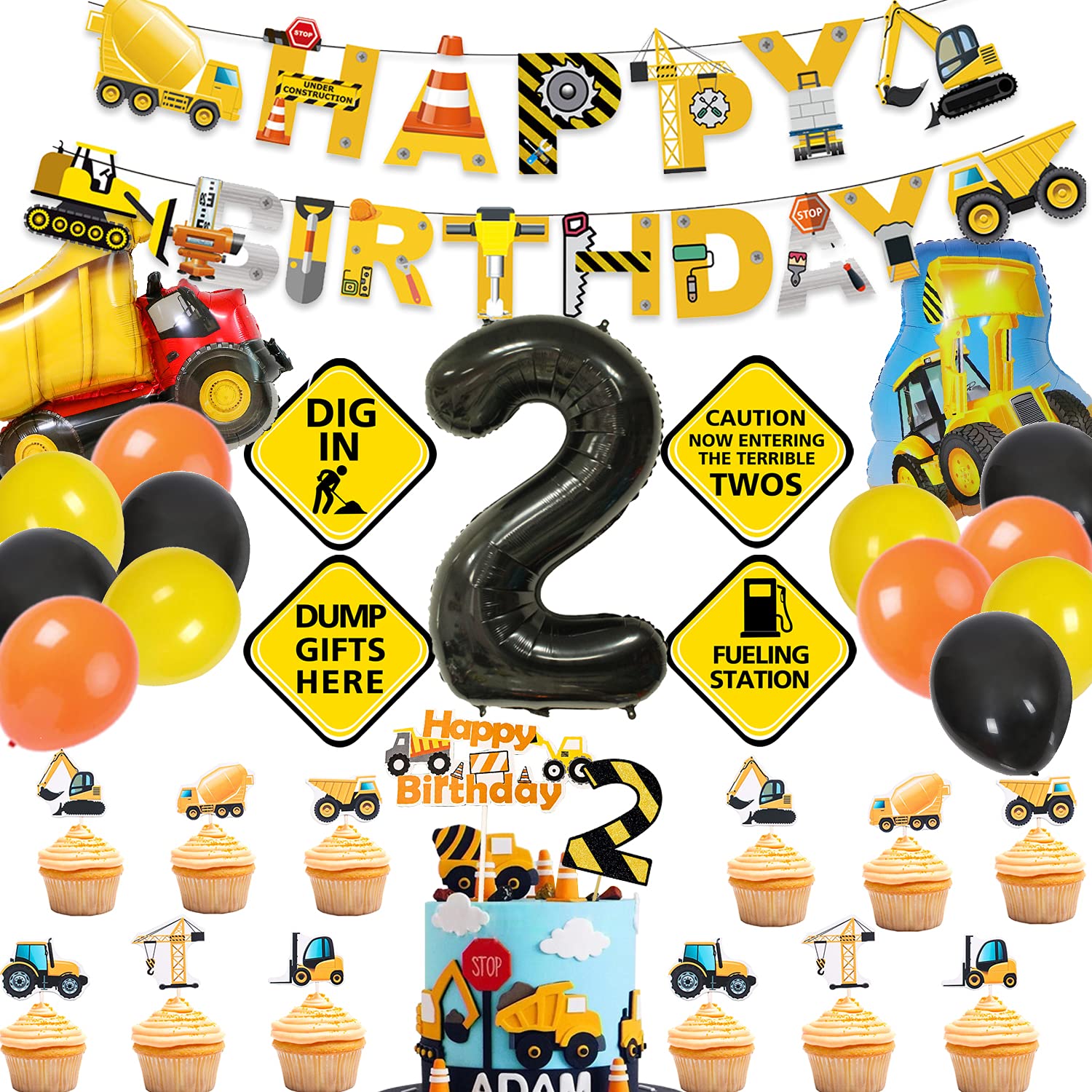 Matttime Construction 2Nd Birthday Banner Cake Cupcake Topper Terrible Two Traffic Sign Cutouts Dump Truck Party Decoration 2 Ye