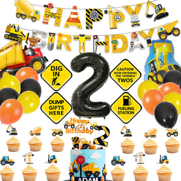 Matttime Construction 2Nd Birthday Banner Cake Cupcake Topper Terrible Two Traffic Sign Cutouts Dump Truck Party Decoration 2 Ye
