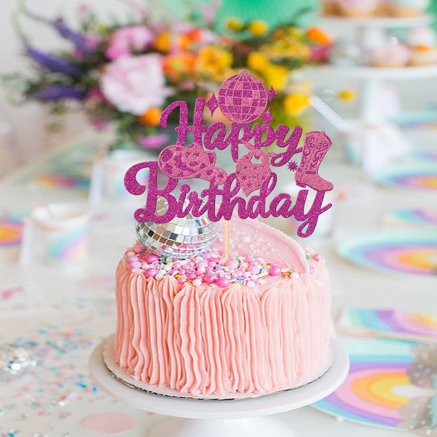 1 Pcs Cowgirl Happy Birthday Cake Topper Glitter Western Cowgirl Birthday Cake Pick Hat Boot Disco Cowgirl Cake Decorations For