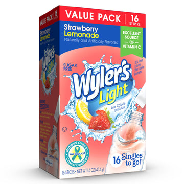 Wyler s Light Singles To Go Powder Packets, Water Drink Mix, Strawberry Lemonade, 16 Count, 6 Boxes (96 Single Servings)