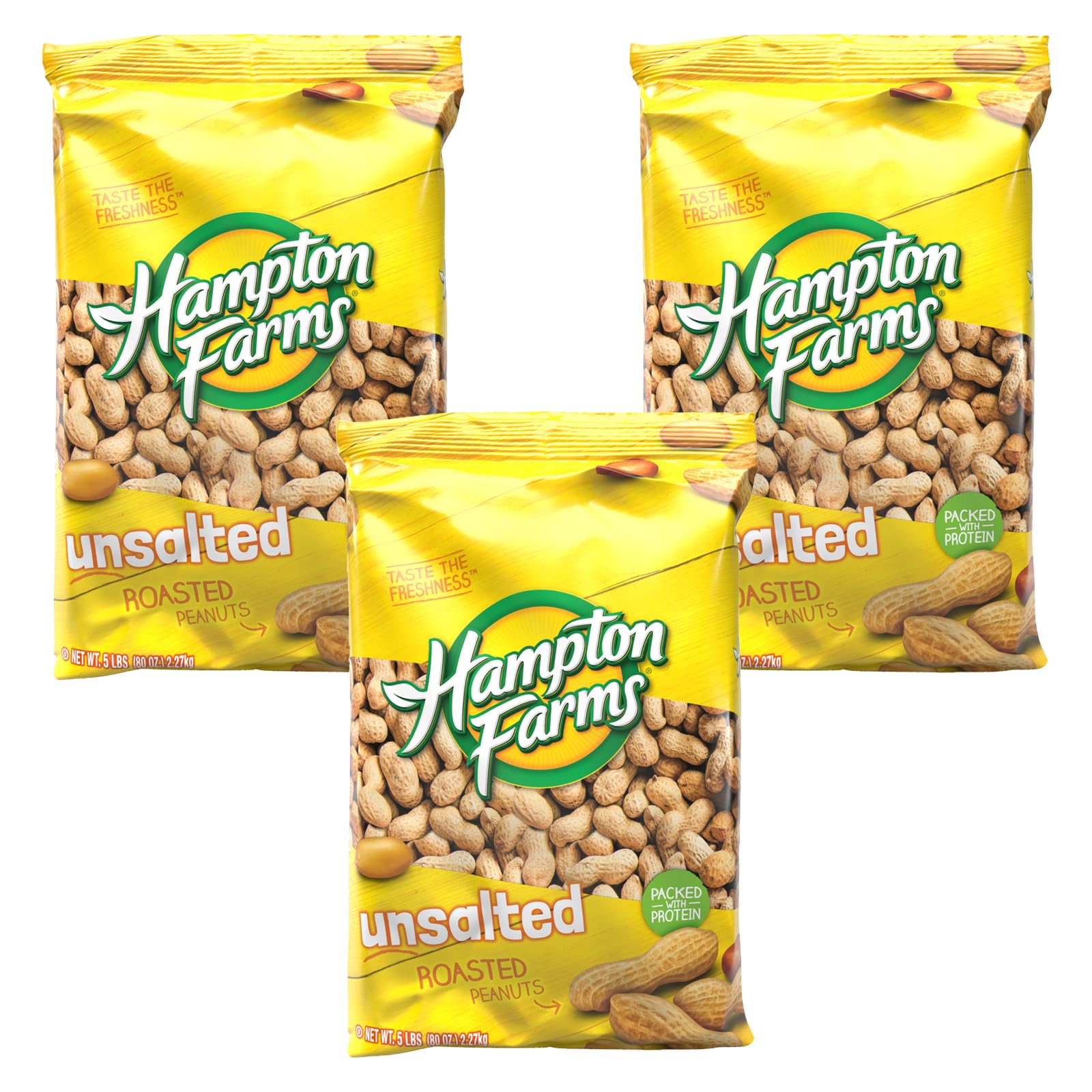 Hampton Farms - Usa Grown All-Natural - Fancy Roasted In-Shell Unsalted Peanuts - 5 Lb. Bags - 3 Pack
