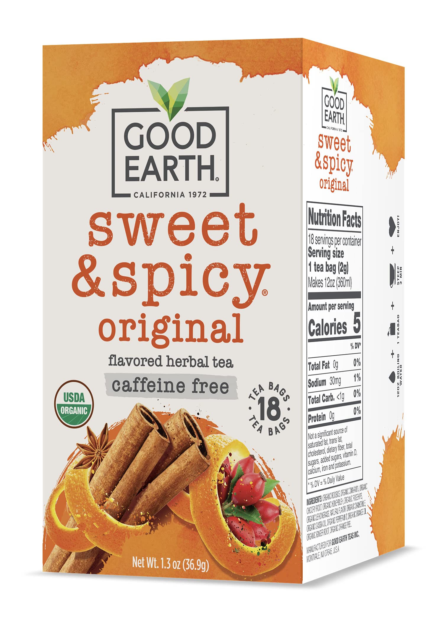 Good Earth Tea Co. Organic Sweet & Spicy Herbal Tea, Caffeine Free, 18 Count