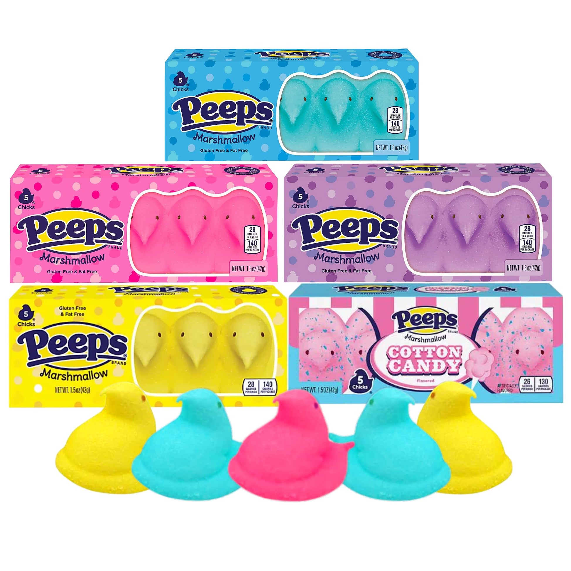 Needzo Peeps Marshmallow Easter Candy Variety, Sugar Coated Fluffy Marshmallows in Assorted Colors, Cute Dessert Toppers, 5 Coun