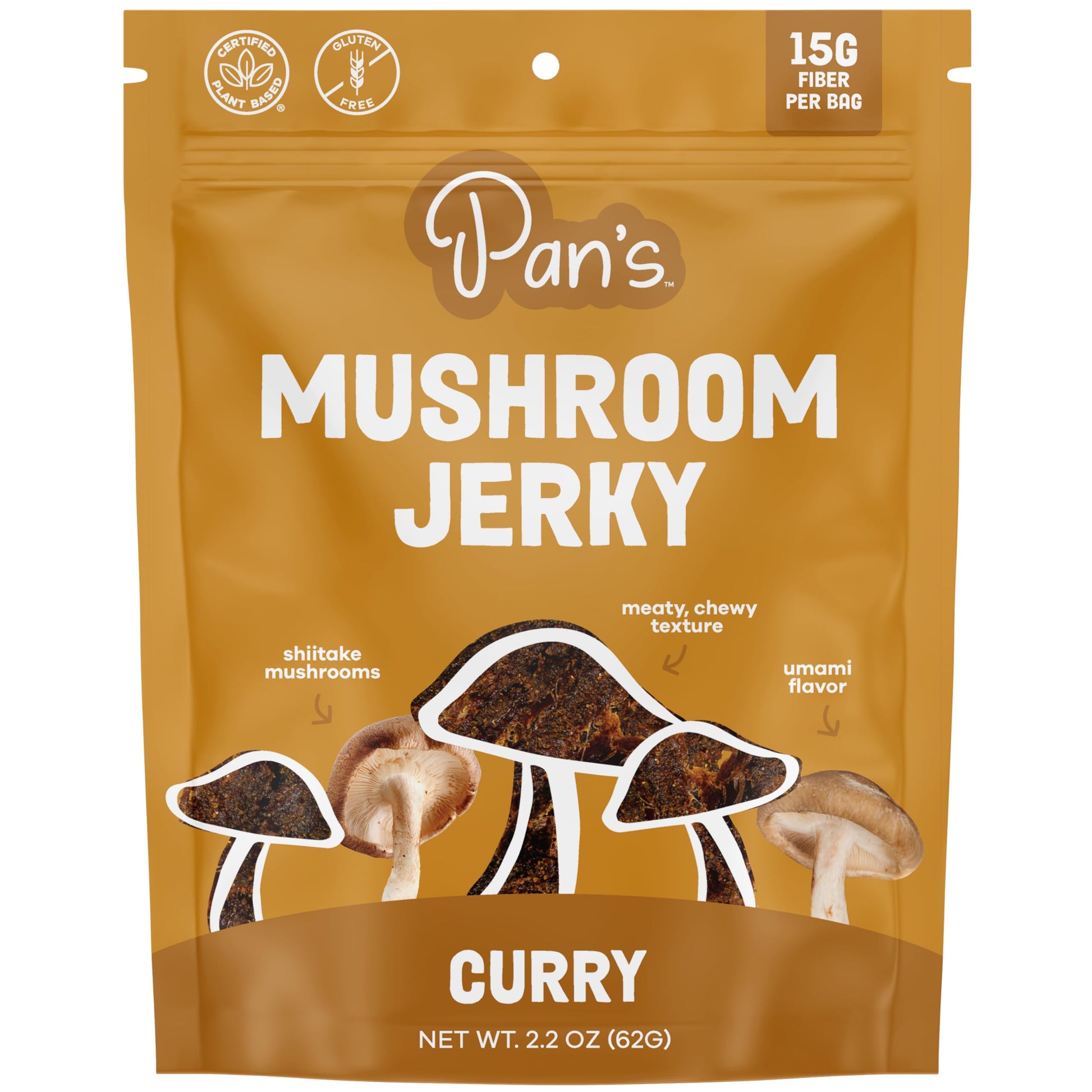 Pans Mushroom Jerky, Vegan, Gluten Free, Curry Flavor, 2.2 Ounce, Plant-Based Snack