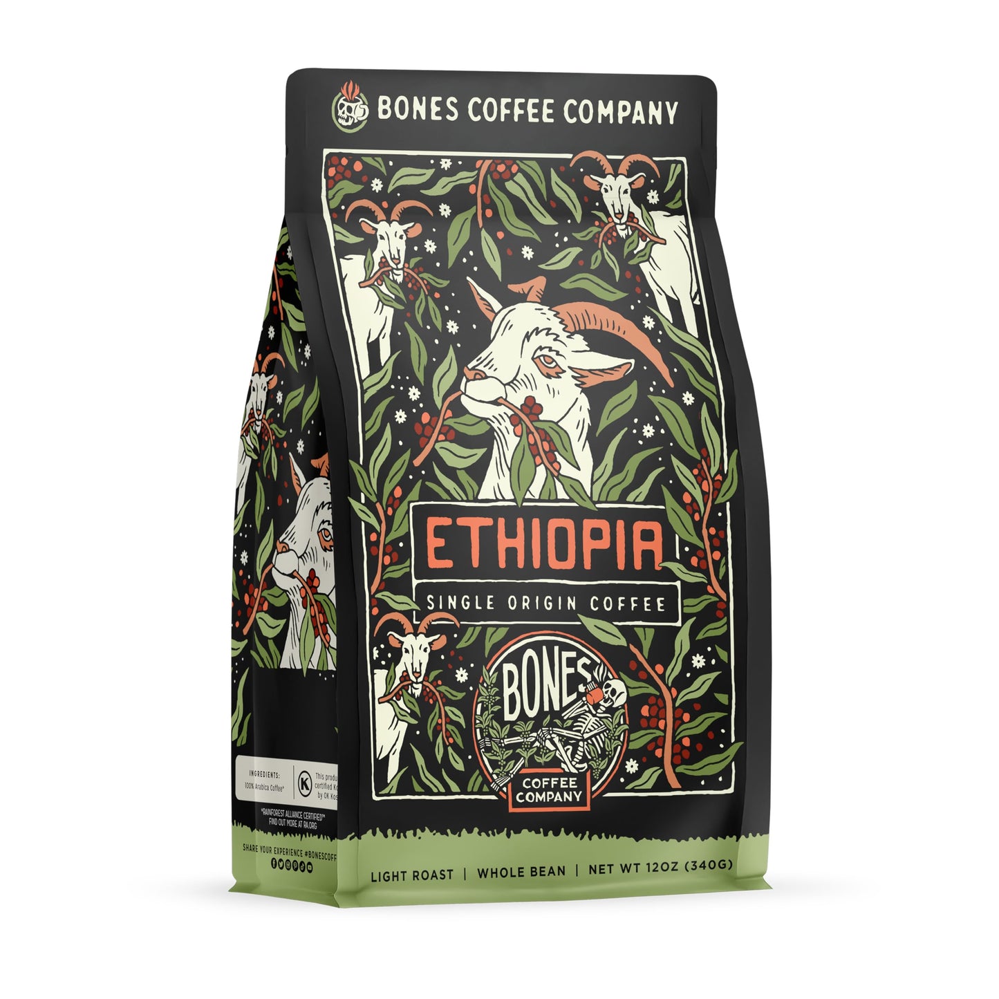 Bones Coffee Company Ethiopia Single-Origin, Citrus, Floral and Berries Notes, Whole Coffee Beans, Low Acid Medium Roast Arabica